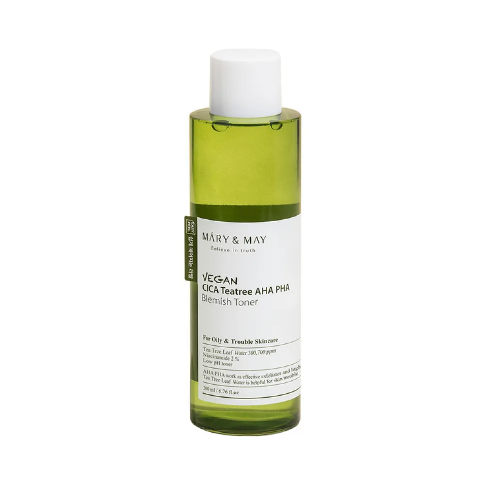Toner facial vegan, Cica Tea Tree, AHA PHA Blemish, Mary & May, 200ml